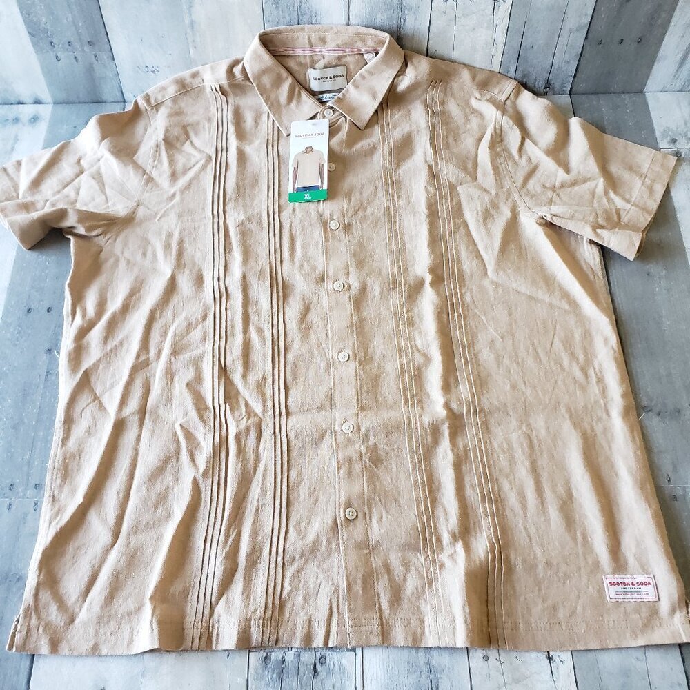 NWT - Scotch & Soda Men's Short Sleeve Woven Shirt Tan - Size XL